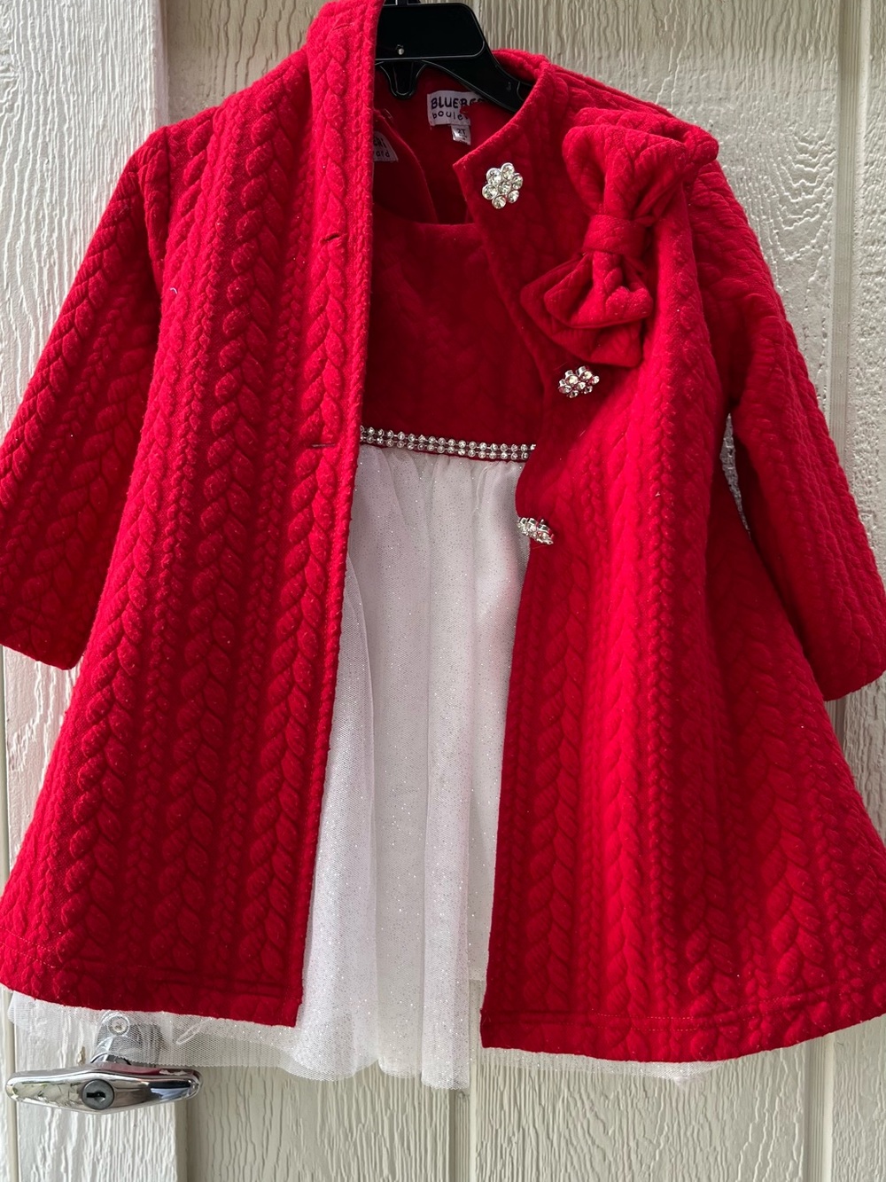 Blueberi Boulevard Girls' Red Bow-Accent Cable-Knit Pea Coat with dress
